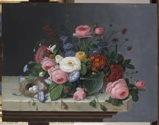 Ainda vida com flores e ninho de pássaro, depois de 1860